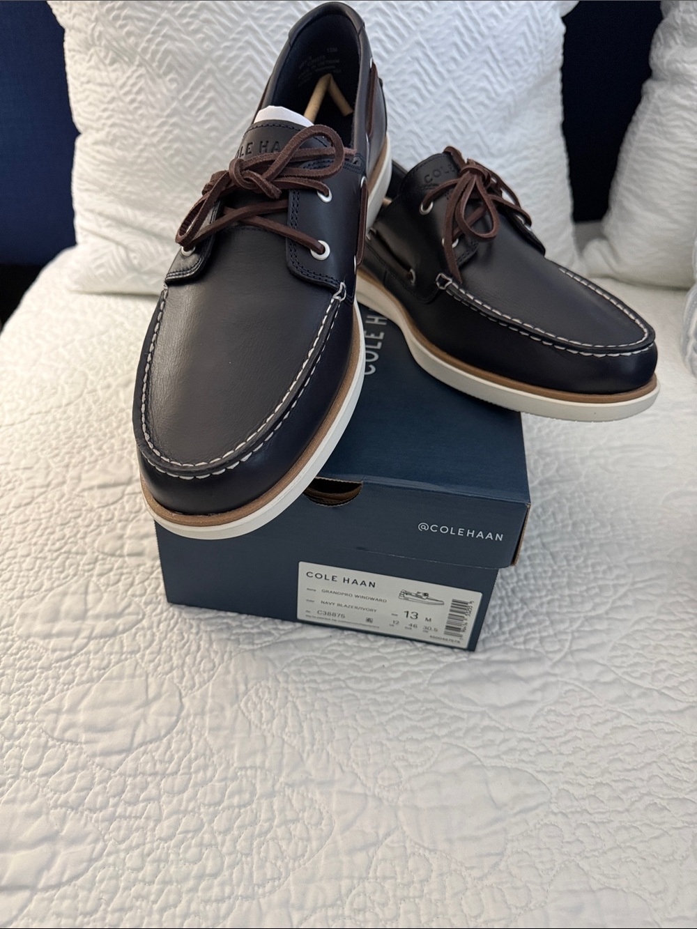 NEW!!! Cole Haan Navy Leather Men’s Boat Shoes with White Sole